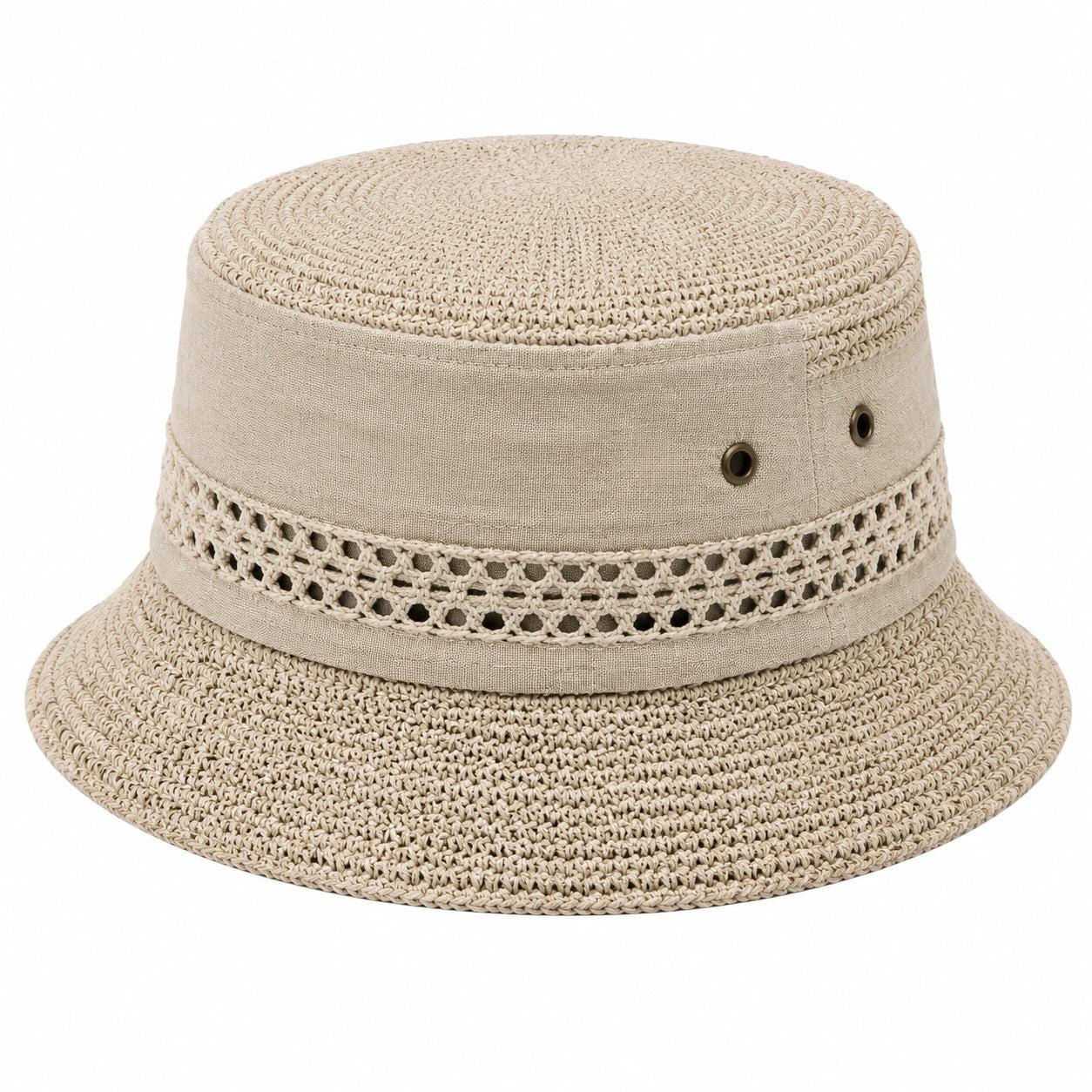 Chapeau bob taille unique en fibres tressées beige avec bandeau textile ajouré