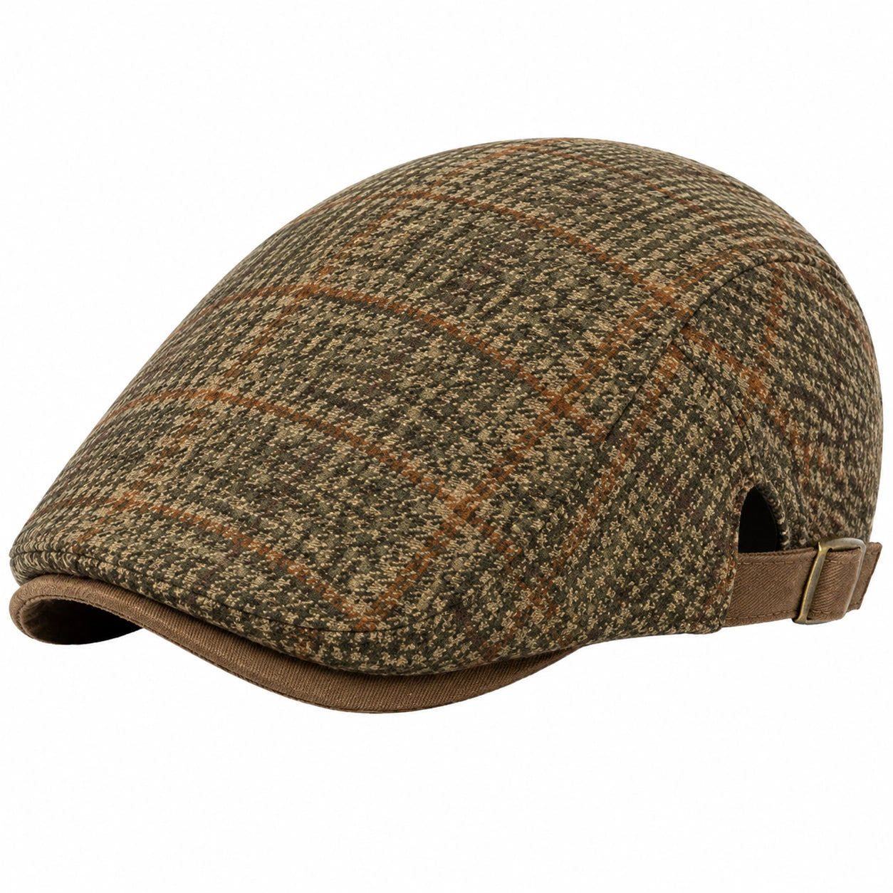 Casquette plate taille unique en tissu kaki marron à motif carreaux ajustable style classique