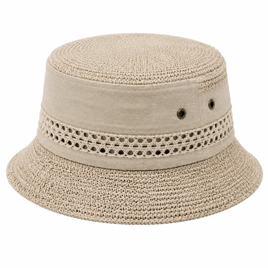 Chapeau bob taille unique en fibres tressées beige avec bandeau textile ajouré