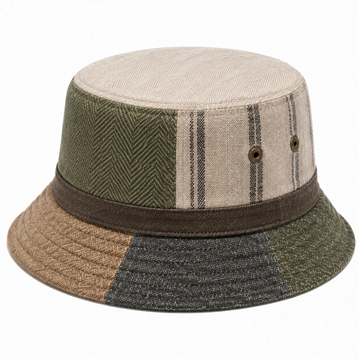 Bob taille unique en textile tissé vert beige brun style patchwork