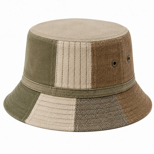 Chapeau bob taille unique en textile kaki beige marron style patchwork pour usage quotidien