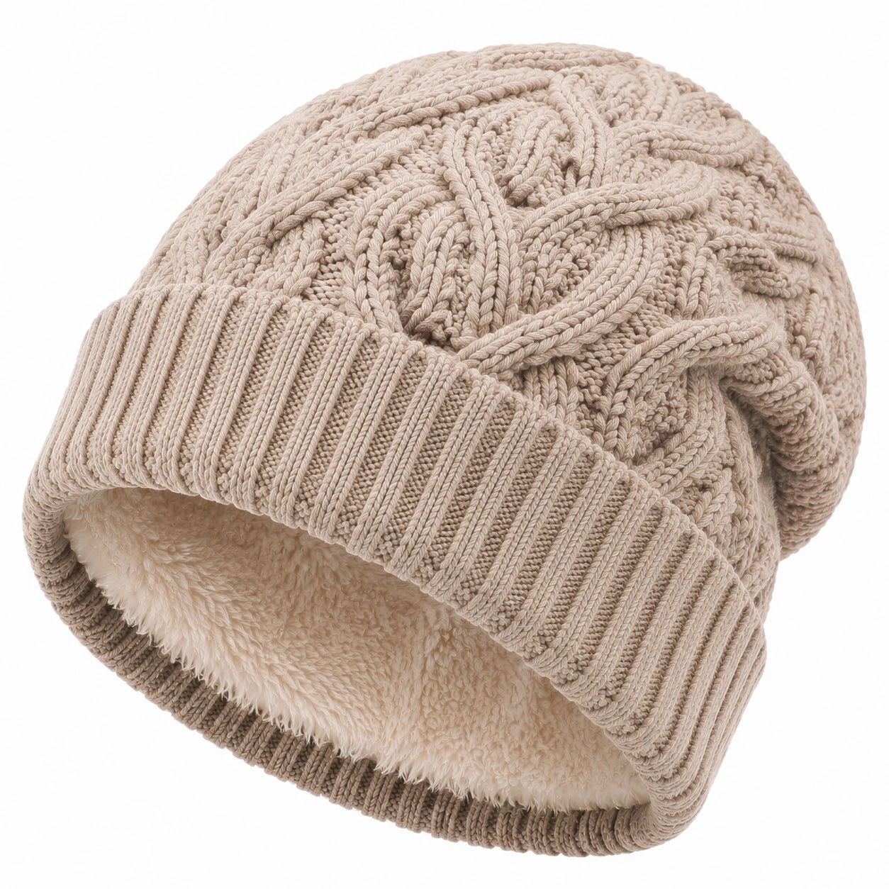 Bonnet taille unique beige en maille torsadée doublée style hiver