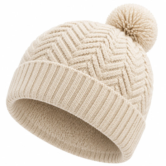 Bonnet taille unique écru en maille torsadée doublée avec pompon