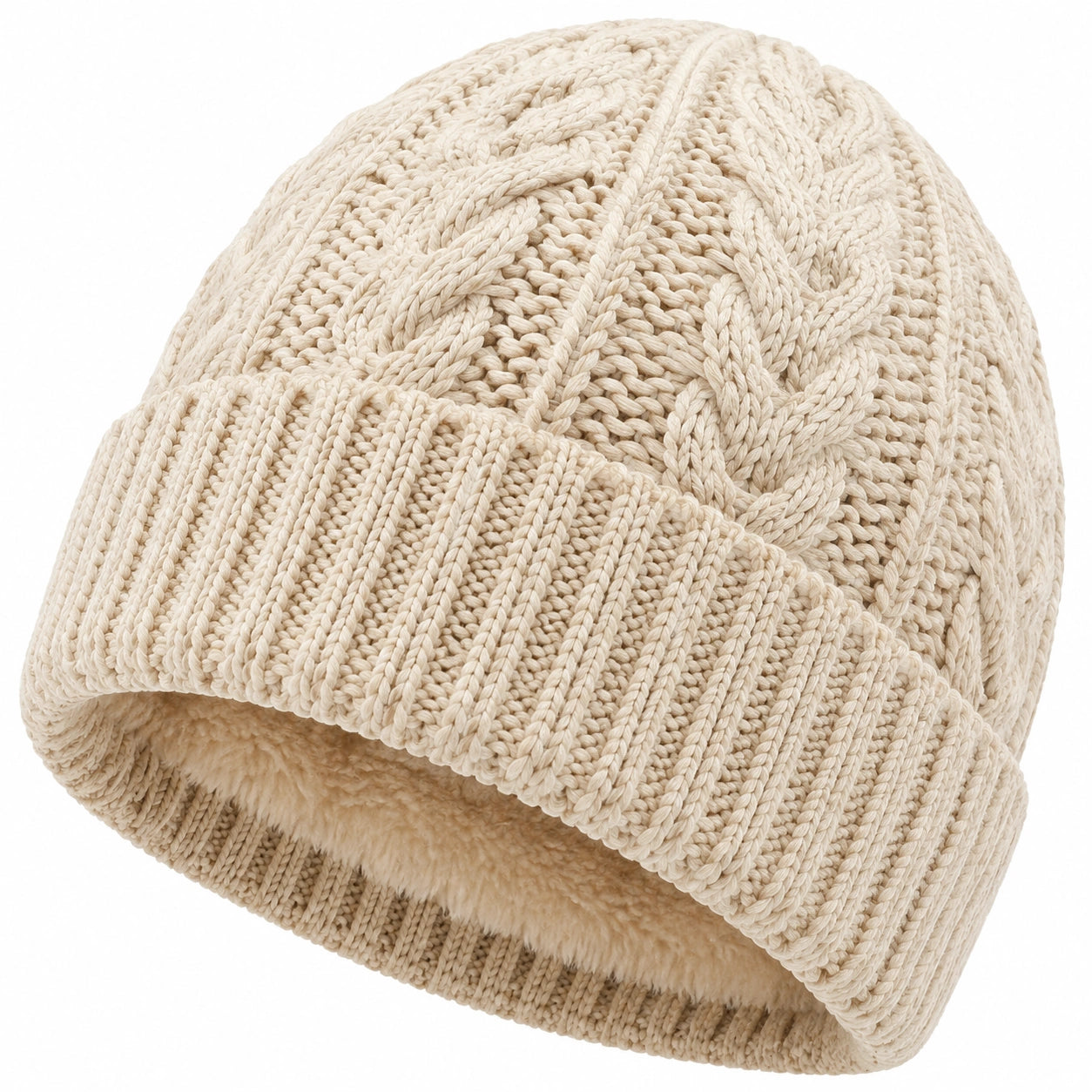 Bonnet femme taille unique maille torsadée beige doublure douce style hiver