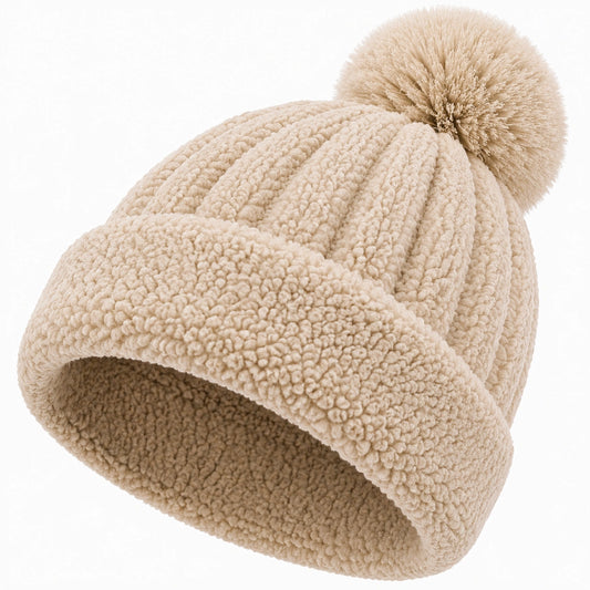 Bonnet taille unique en polyester beige à pompon style maille bouclée