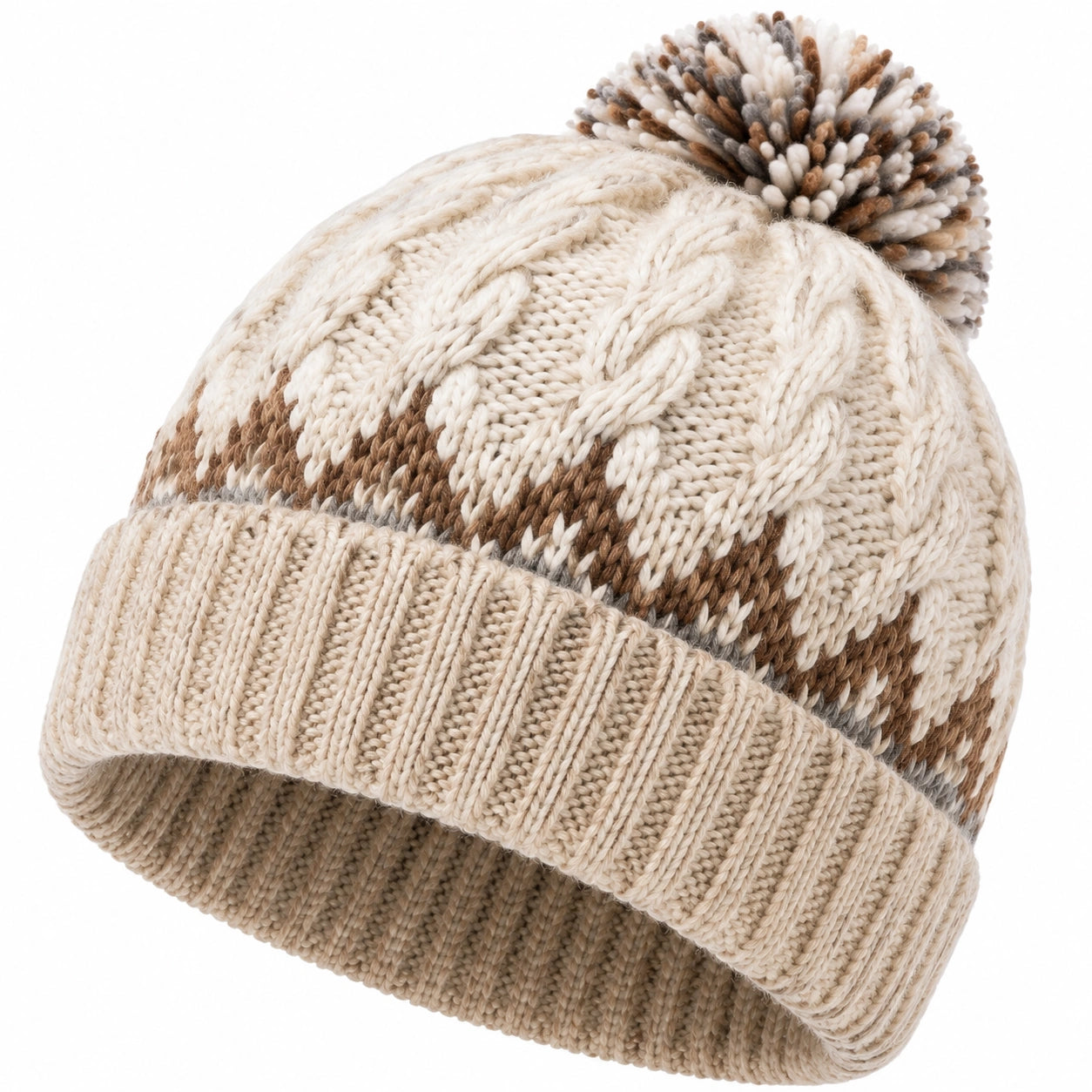 Bonnet taille unique en maille beige marron gris à pompon style hiver