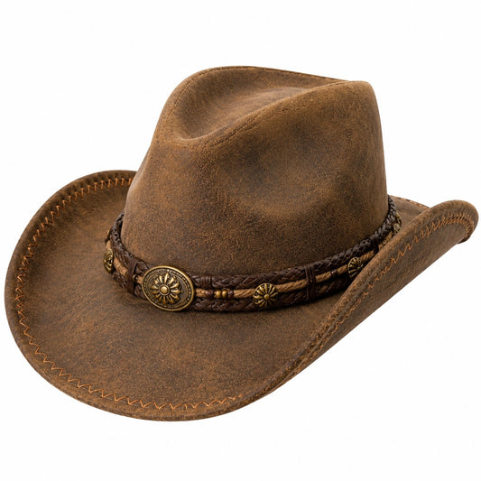 Chapeau cowboy taille unique brun aspect cuir tressé style western