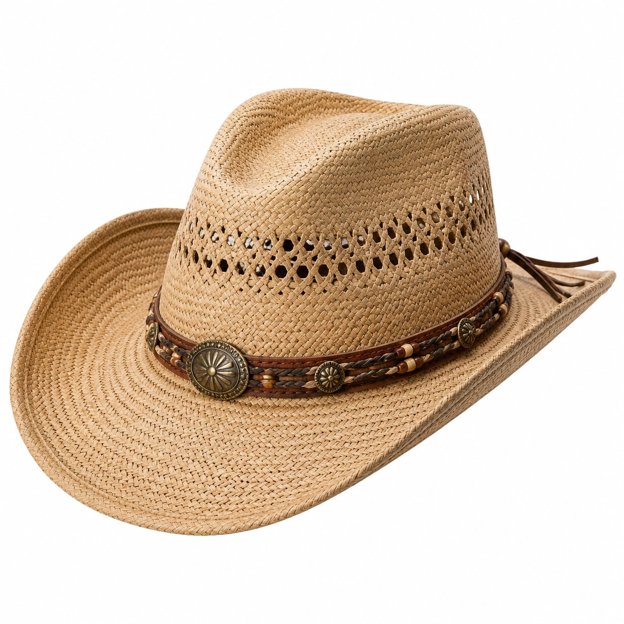 Chapeau cowboy taille unique en paille beige style western ajouré